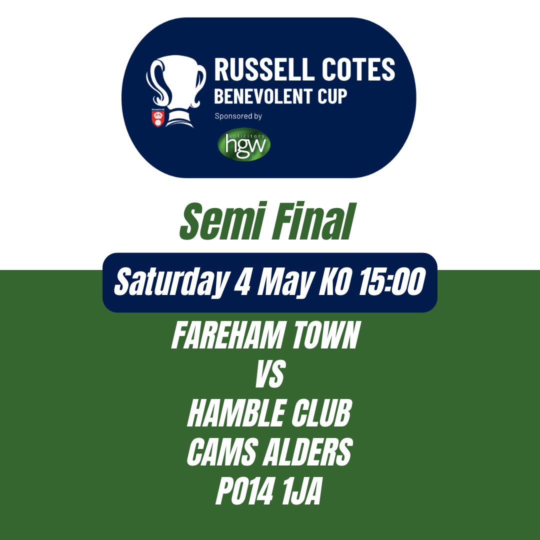 UP next- Saturday 4 May, @HampshireFA @HFA_CountyCups @HaroldGWalker Russell-Cotes Benevolent Cup Semi Final at Cams Alders, PO14 1JA. It's @farehamtownfc vs @HambleFC. KO is 15:00.