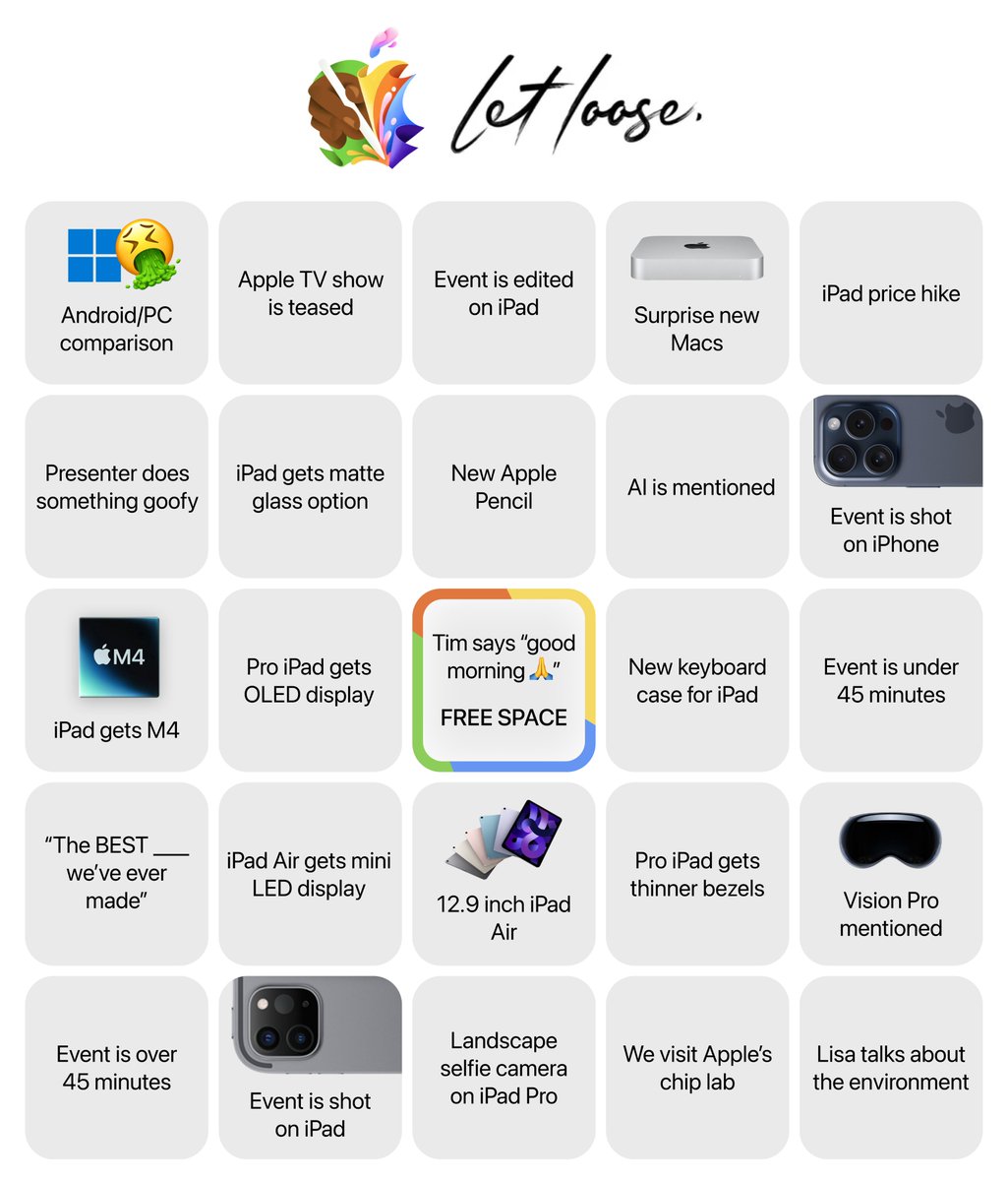 Here's a bingo board for the upcoming Let Loose #AppleEvent

Bookmark this tweet to use during the event!