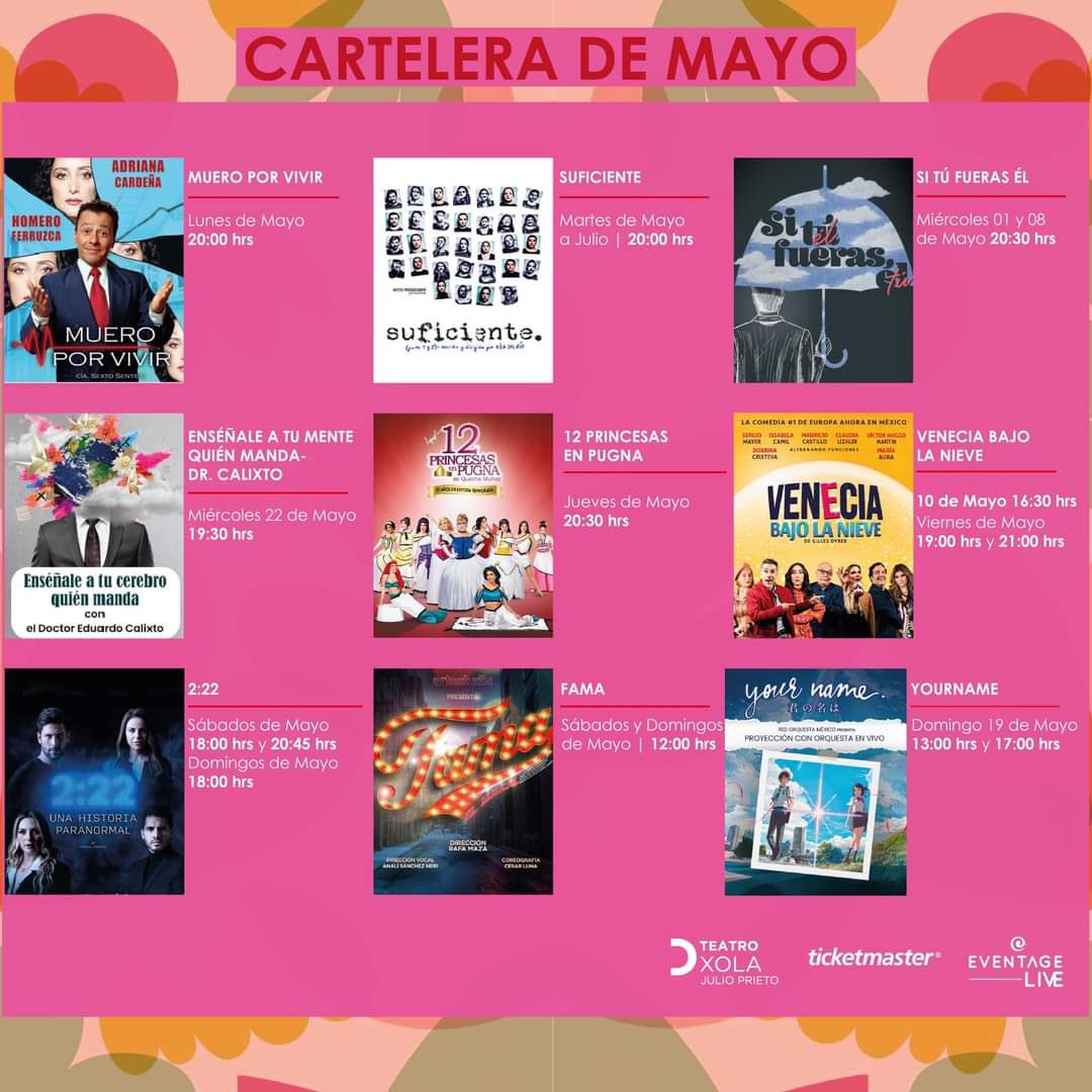 ¡#Mayo llega a @TeatroXola con las mejores obras! Te compartimos su cartelera para que no te pierdas ninguna 🎭 #CulturaEnMéxico 🇲🇽 #Teatro
