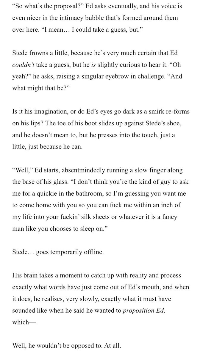 here’s a snip of fake marriage AU chapter one for #WIPWednesday! full thing dropping May 7th 👀

stede has a proposal to make. ed gets the wrong idea……. or does he?