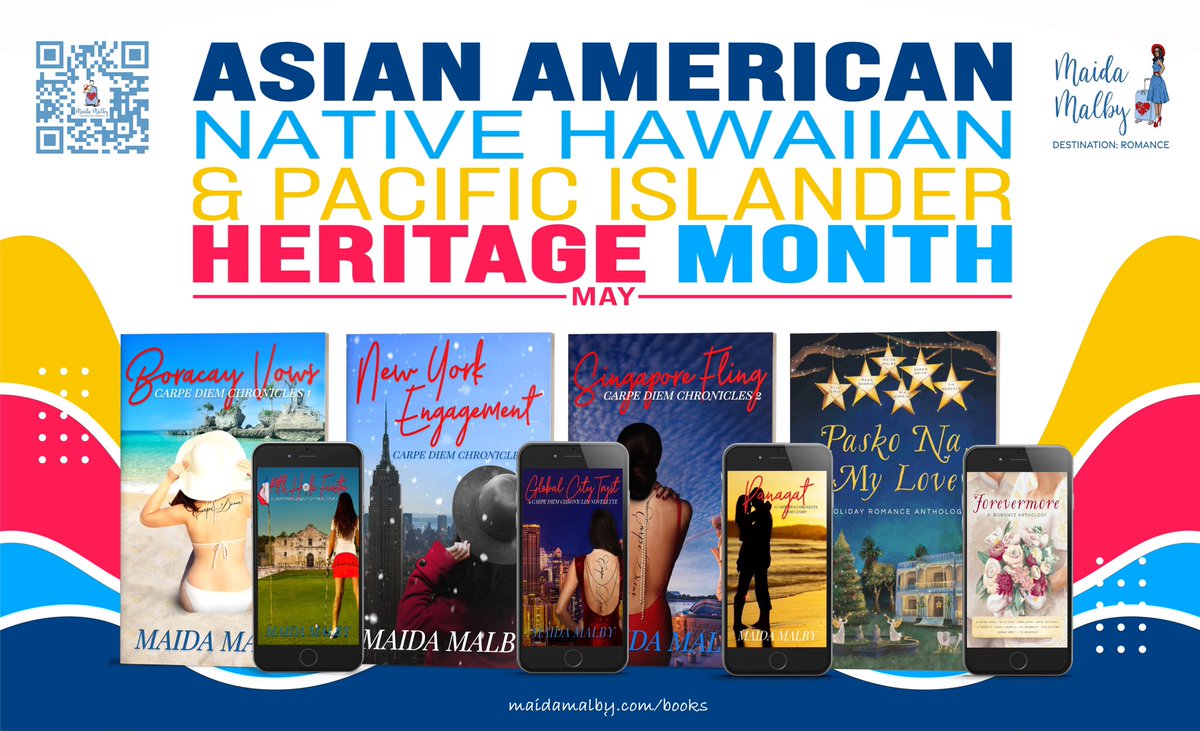 Happy Asian American Native Hawaiian and Pacific Islander Heritage Month! 🎉🎊🎎🎏🪭🎍🏮🌏🇺🇸

maidamalby.com/books

#CarpeDiemChronicles
#DestinationRomance
#filtheshelves 
#travelthroughbooks 
#diversereads 
#aanhpi 
#aanhpihm 
#asianamerican 
#filipinoamerican