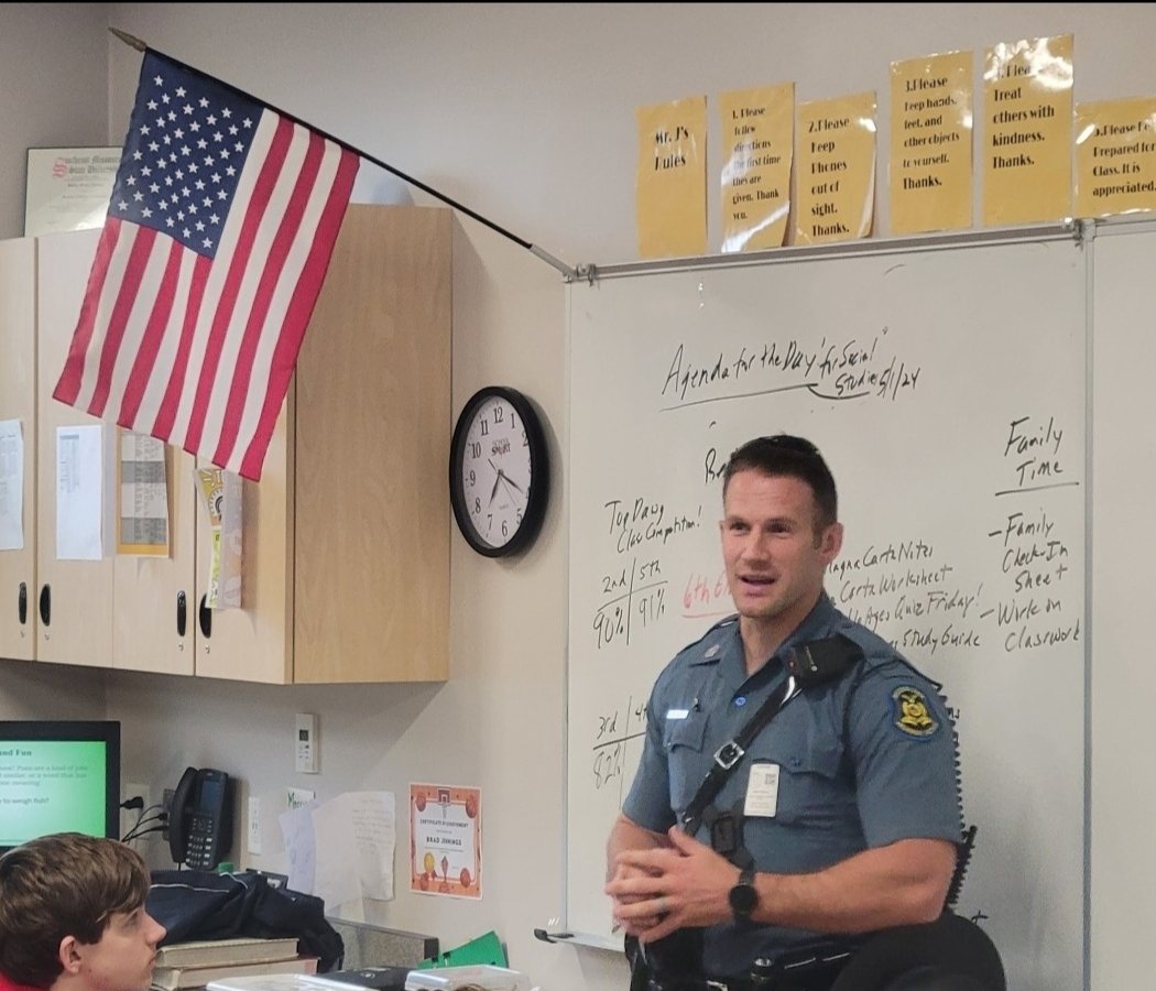 It was great to have Trooper Nathan Downs (TBHS Alum and former TSMS coach) here today to talk to my Civics class about the importance of the rule of law and highway safety.  Tools to prepare them when they drive in a few years! #proud2br3