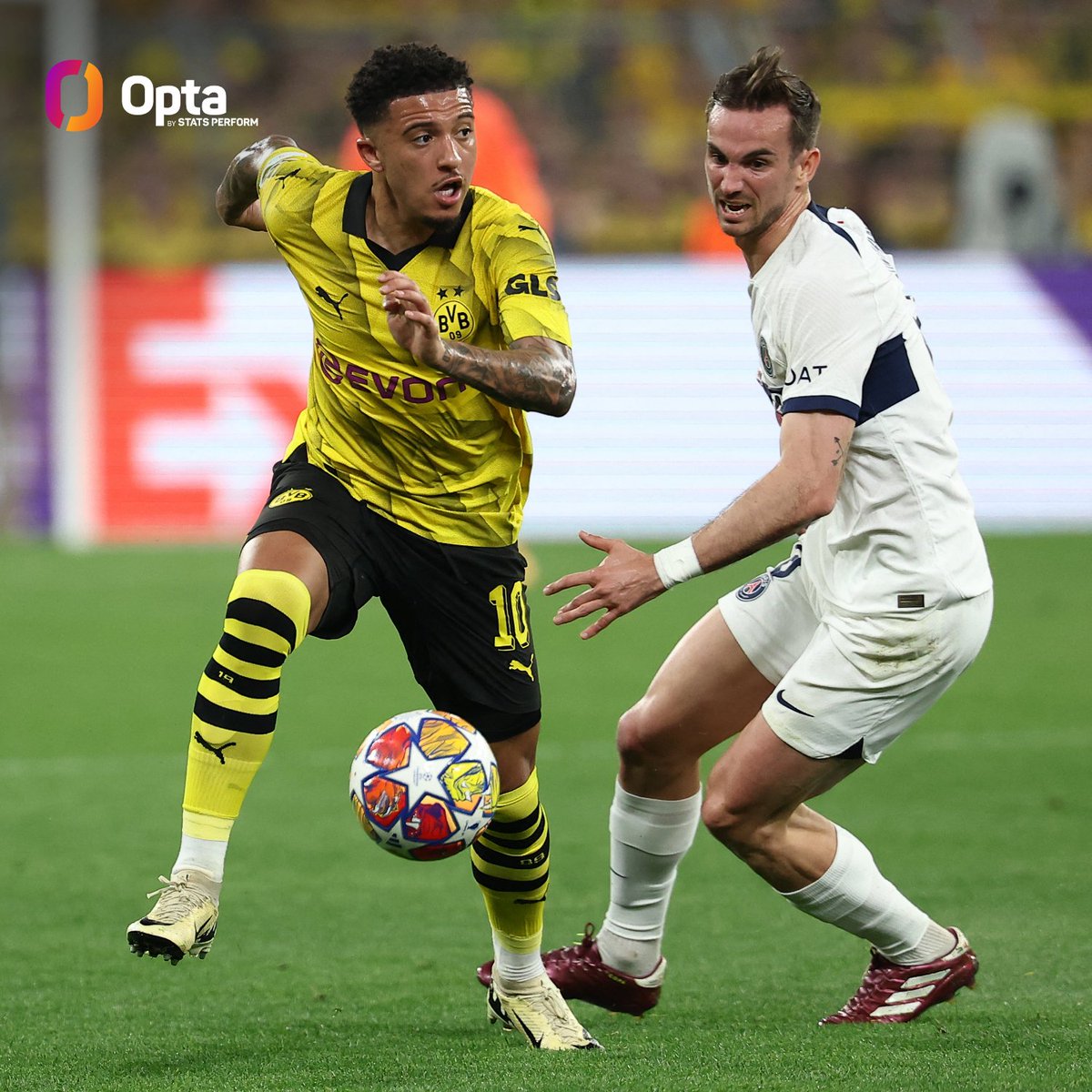 12 - Dortmund’s Jadon Sancho has completed 12 dribbles tonight against PSG, the most by a player in a Champions League semi-final since Barcelona’s Lionel Messi in April 2008 against Manchester United (16). Artist. #BVBPSG @Sanchooo10