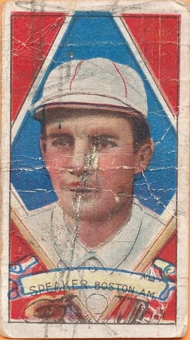 Have you ever seen a poorer Poor Tris? 1912 T202 Hassan triple folder Tris Speaker with color shift error #poorbaseballcard