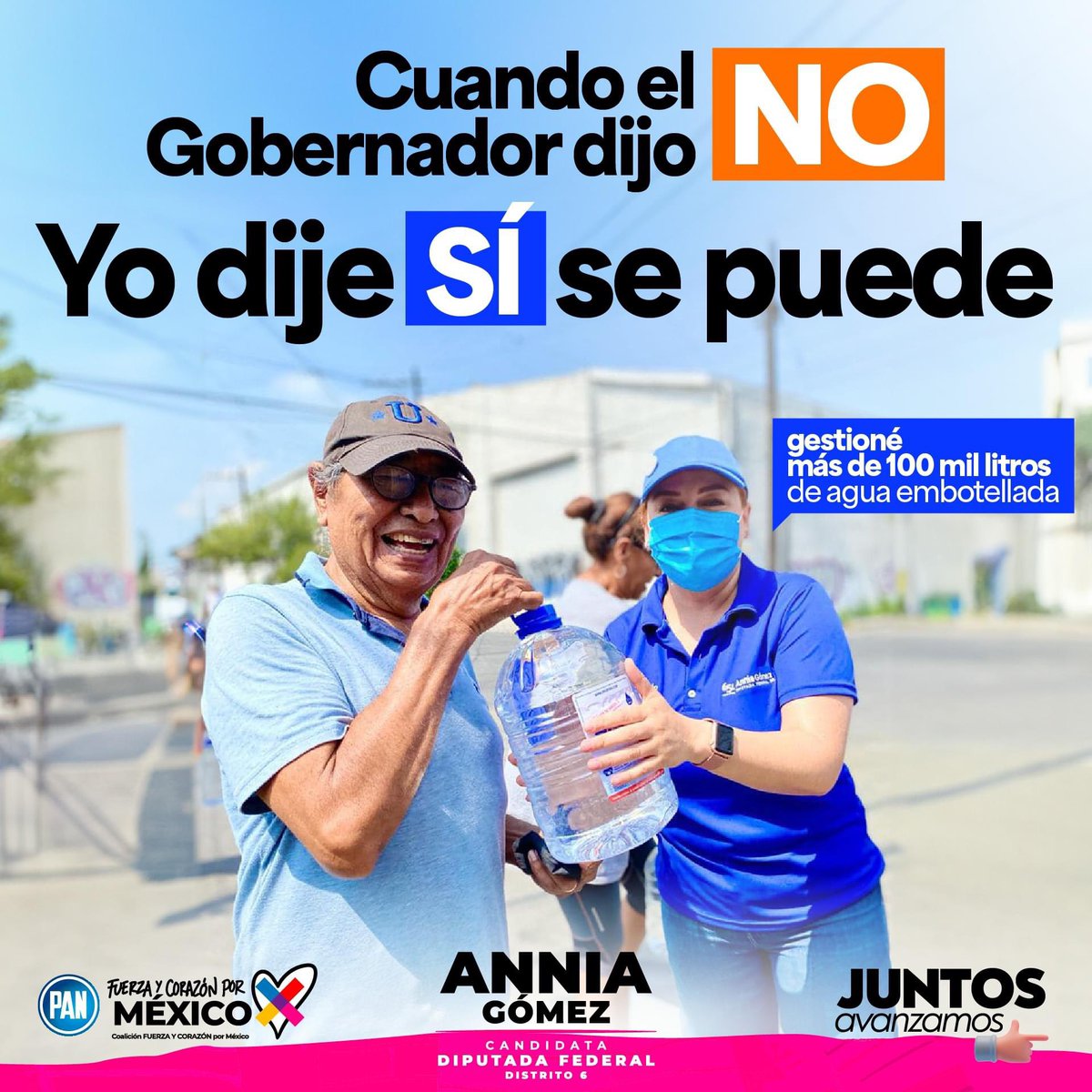 Cuando el gobernador dijo que nadie nos ayudaba con el suministro de agua, tomé al toro por los cuernos y traje a #Monterrey y su área metropolitana más de 100 mil litros de agua embotellada con el apoyo de diputados y diputadas de todo el país para aminorar la crisis hídrica.…