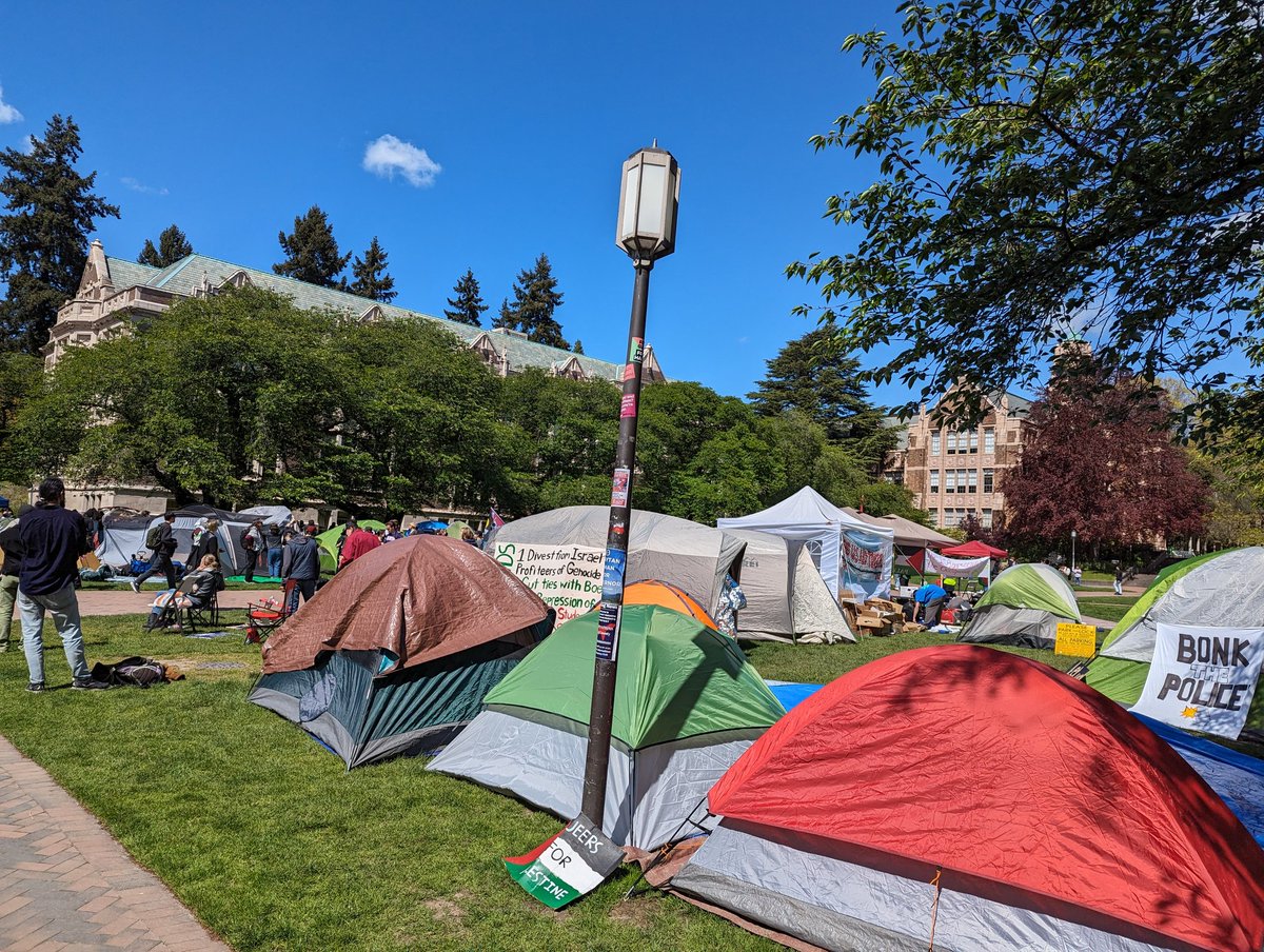 NOW: UW Seattle students have just taken over the quad, establishing a “liberated zone” in solidarity with Palestine. This is part of a nationwide movement of university students calling on their institutions to divest from Israel over its genocide against Palestinians in Gaza.