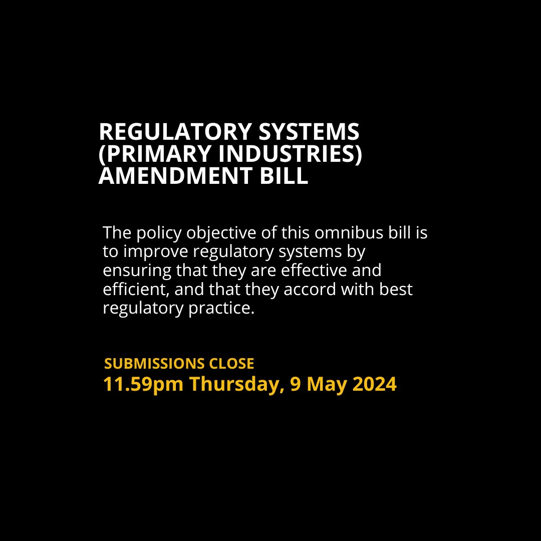 One week left to make a submission on the Regulatory Systems (Primary Industries) Amendment Bill. Read more and make a submission: bit.ly/3Uuch2h Have your say by 11.59pm Thursday 9 May 2024.