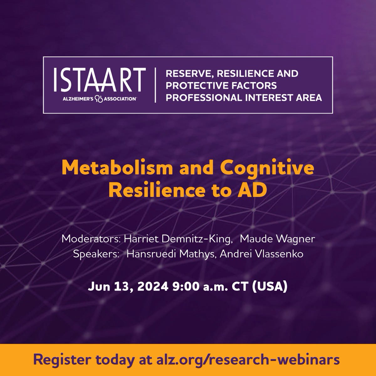 Upcoming webinar!! 🗓️🚨 If you are interested in hearing about the biological bases of cognitive resilience in AD, mark your calendars for our upcoming webinar with the @DesignDataPIA on June 13th at 9:00 am Central time. Register here 👉 alz.org/research-webin…