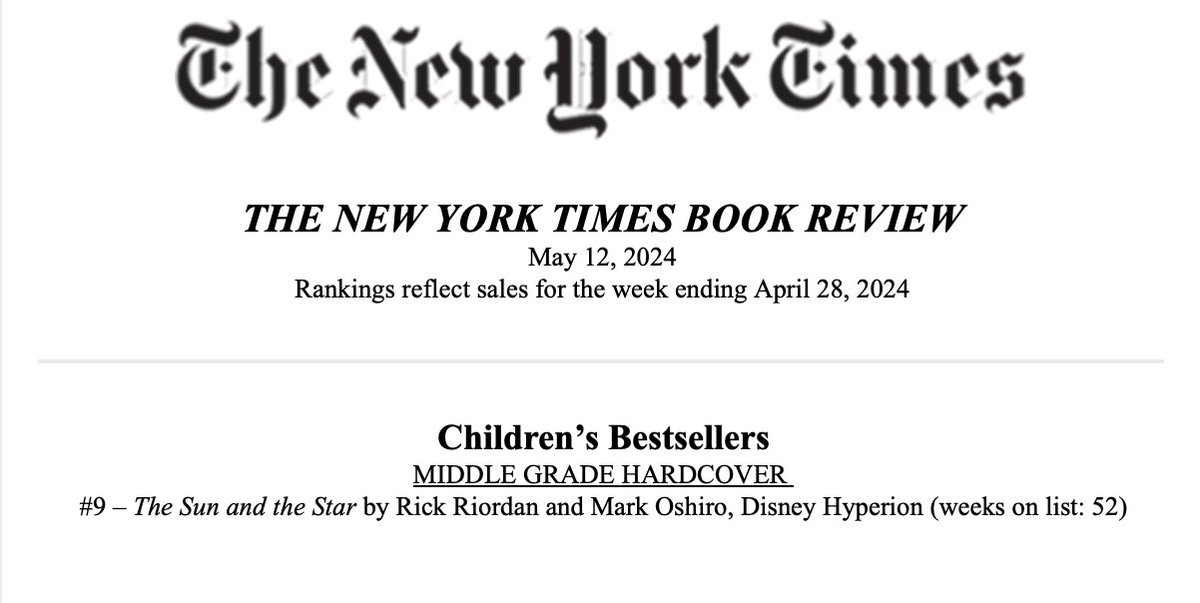 Popping in from deadline to give my eternal thanks to @rickriordan, @SOLurie, and the entire PJO fandom for this gift: Today, THE SUN AND THE STAR has been on the NYT bestseller list for a year. A YEAR! It's beyond my wildest dreams. Thank you for supporting this VERY GAY book.😭