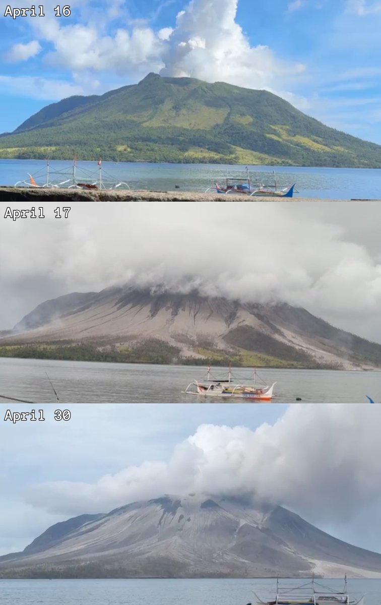 The Ruang volcano in Indonesia has now had two major eruptions in the last few weeks. Pyroclastic flows from the first eruption wiped out a lot of the island's vegetation, and it looks like the second eruption finished the job, with the entire island seemingly covered.