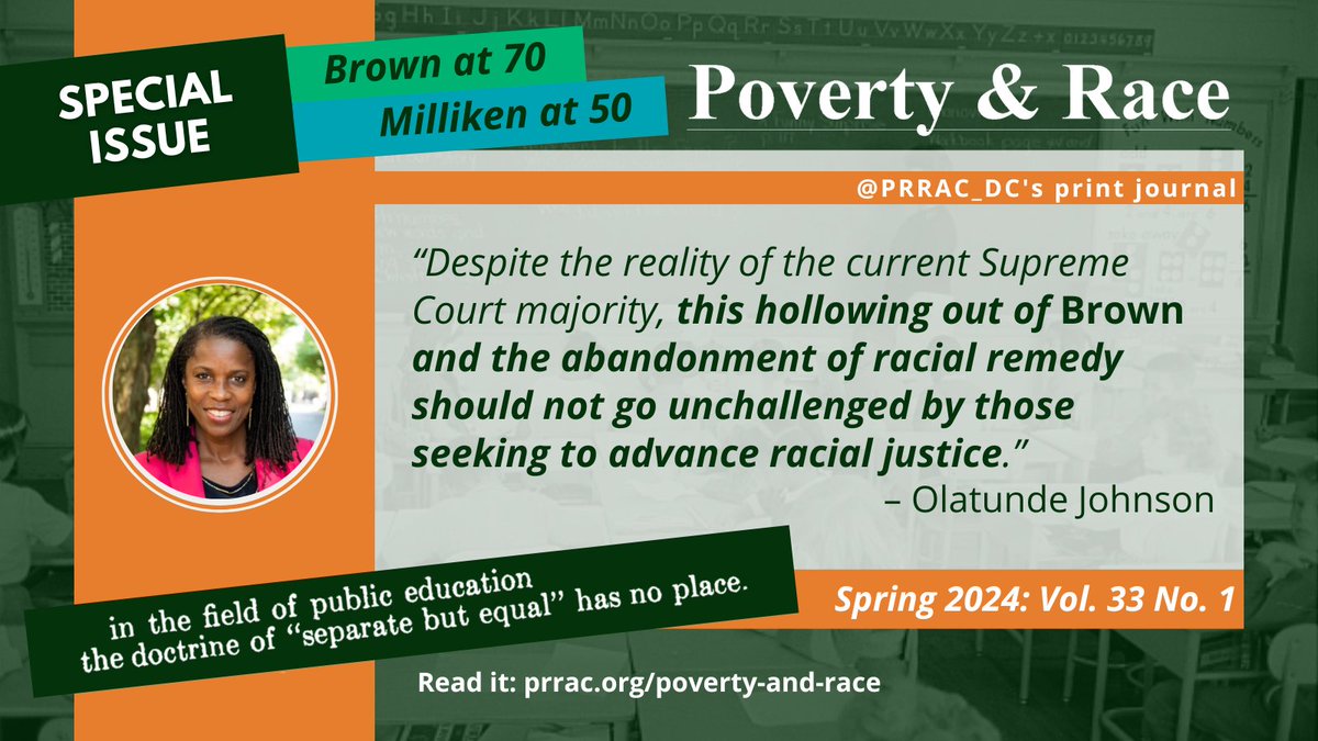 As part of our #BrownAt70 and #MillikenAt50 special edition of @PRRAC_DC’s #PovertyandRace, @OlatiJ @ColumbiaLaw reflects on putting the remedial principle of #BrownvBoard into practice. 
Read the full article here: bit.ly/BrownAt70