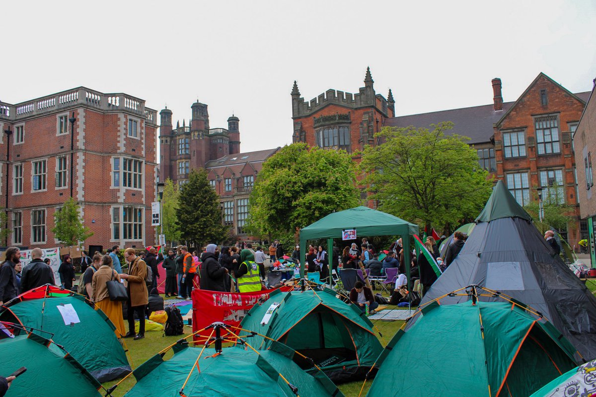 “Don’t teach a decolonisation module while funding genocide” reads one placard at Newcastle University’s student camp out in solidarity with Gaza.
