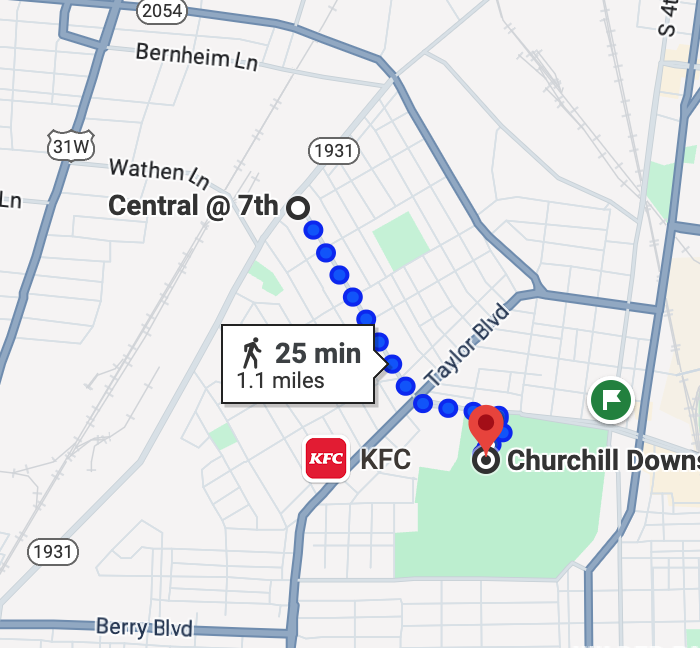 @allvowels @LouisvilleMayor @KentuckyDerby From where the #29 ends to get to @ChurchillDowns it's a 2 mile 45 min walk. From the end of the #4 it's 1.7 miles at 38 mins. The best route is probably #63 but that's still over a mile walk down Central.