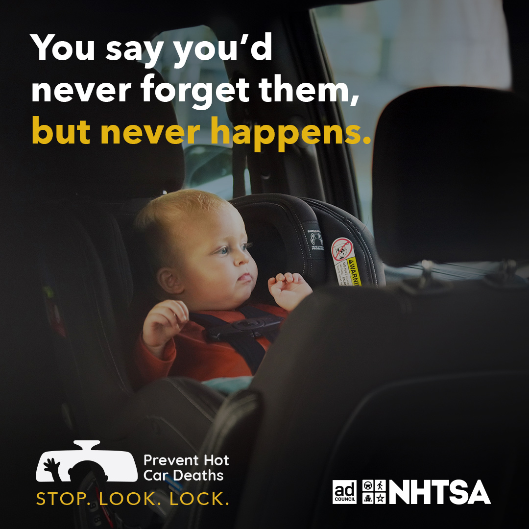 May 1st is Heatstroke Prevention Day. Did you know that a child's body temperature can increase three to five times faster than an adult's body temperature?

When you park, always STOP 🛑 what you’re doing, 
LOOK 👓 in the back seat, and then LOCK 🔒 your vehicle
