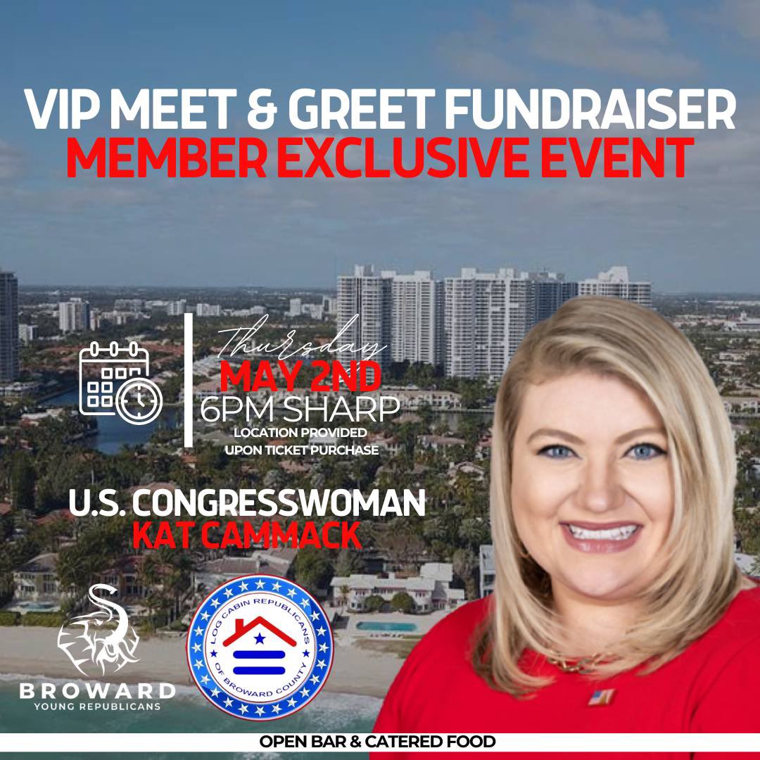 Please join us for a special event hosted by the @browardyrc and the @LCR_Broward! We’re excited to support Kat for Congress at their fundraiser event. Let’s come together to show our support and make a difference to Turn Broward Red! See you there! #BrowardGOP #GOP #Republican