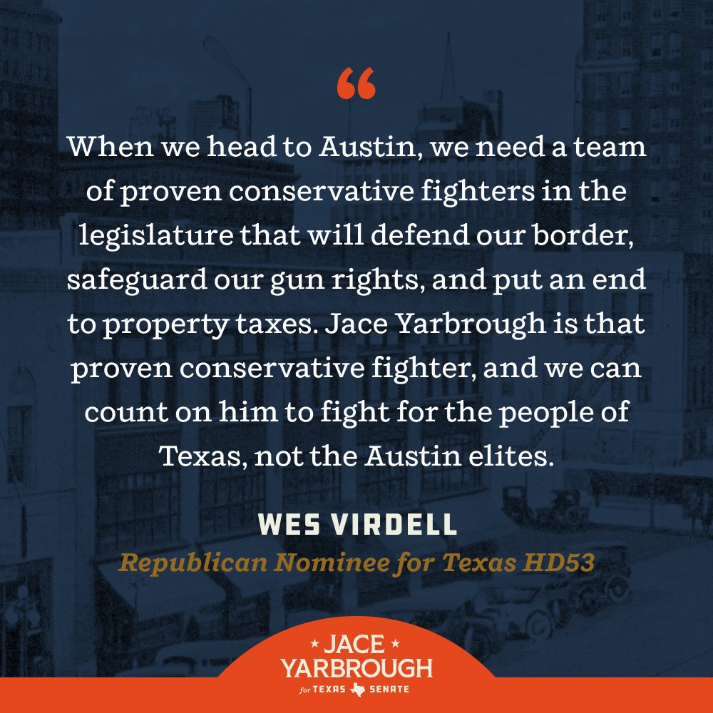 Honored to have the endorsement of @WesleyVirdell! We're going to secure our border, defend our God-given rights, and shake up the Austin swamp. #SD30 #txlege