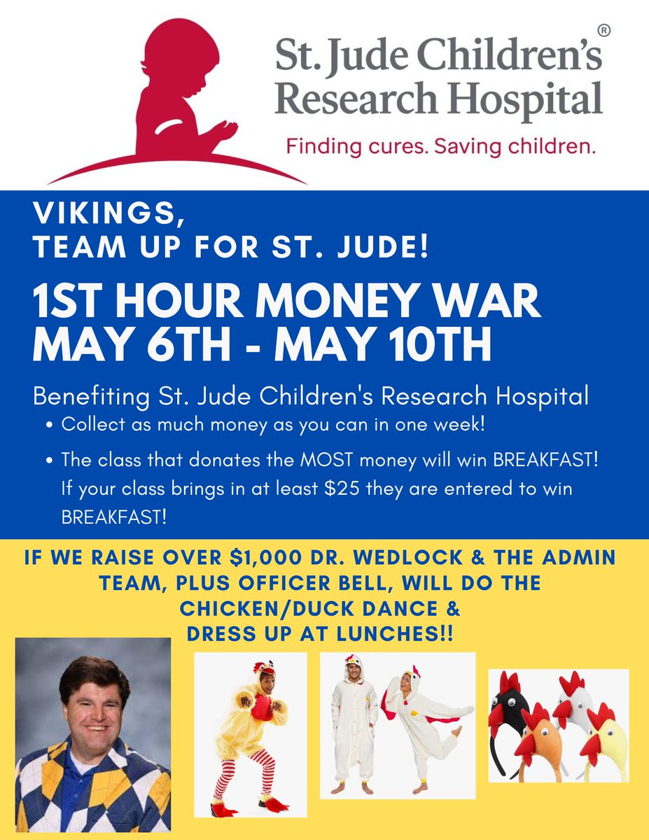 Attention Vikings! Get ready to Team Up Against St. Jude! Bring in MONEY to your 1st hour class Monday, May 6 - Friday, May 10! So, grab your money and let's help the fight against childhood cancer! @FHVikings @FHHSPrincipal