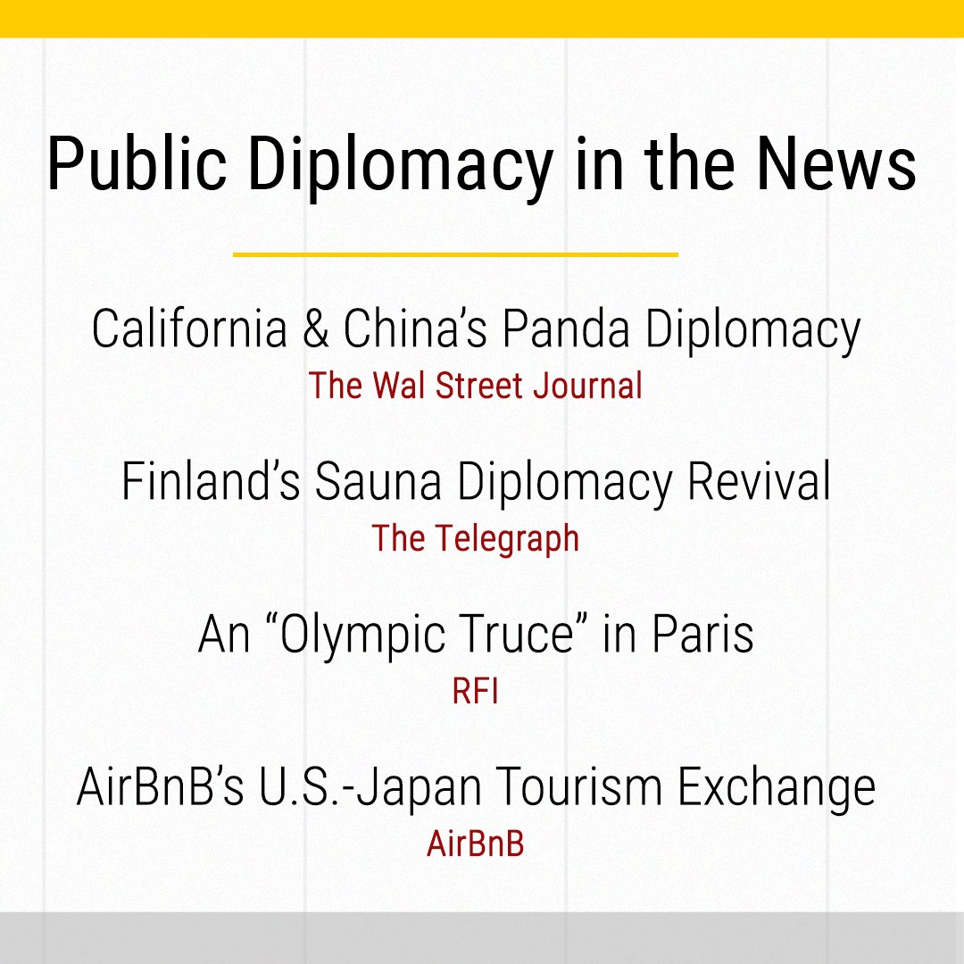 This week's 'Public Diplomacy in the News' roundup explores #pandadiplomacy, sauna diplomacy, an #Olympics truce, @Airbnb's U.S.-Japan rural tourism exchange & public diplomacy through #literature in @USEmbassyNepal.

🔗:  bit.ly/44lr3f3