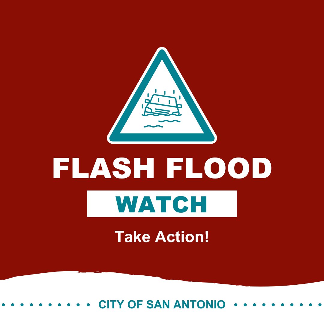 #SATXWeather: The National Weather Services has issued a Flash Flood Watch for the San Antonio area. Strong to severe storms will also be possible through tomorrow morning. Drivers are encouraged to “Turn Around, Don’t Drown” when the roadway is flooding.