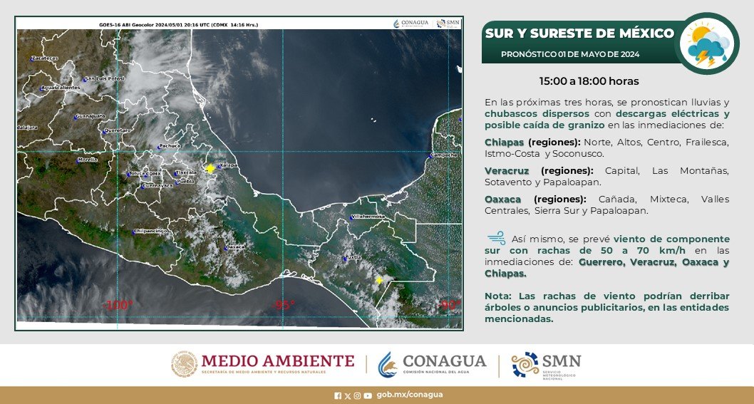 Se esperan #Chubascos dispersos con #DescargasEléctricas y posible caída de #Granizo en regiones de #Chiapas, #Veracruz y #Oaxaca.🌧️