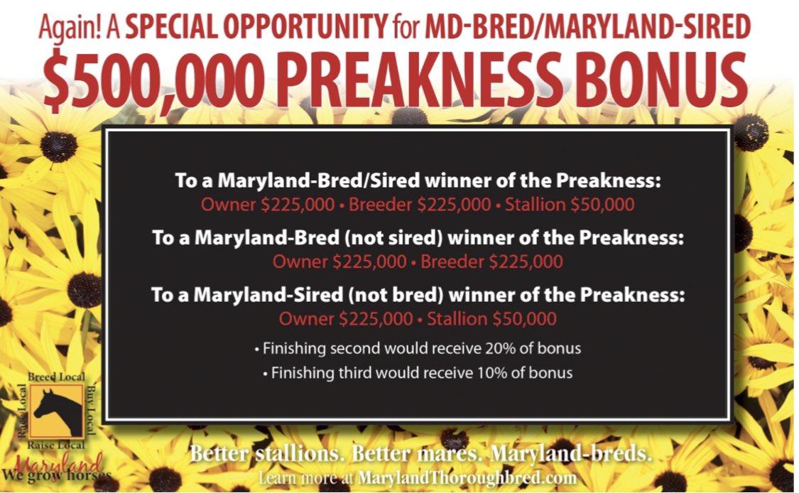 Again! A special opportunity for #MDBred/#MDSired: $500,000 Preakness Bonus 💰 @MarylandTB