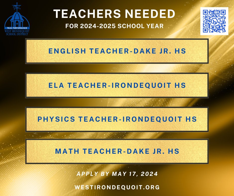 APPLY SOON! We have 4⃣ grades 7-12 teaching positions available for the 2024-25 school year. Learn more details on each via the link: bit.ly/Jobs_WI Join our team in West Irondequoit!
