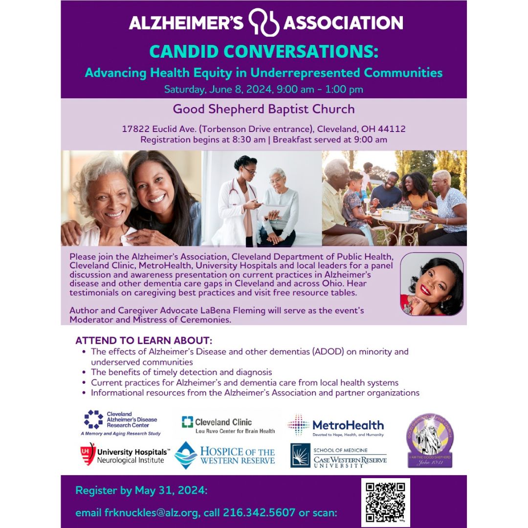 The Alzheimer's Association is holding a Candid Conversations event on June 8th! 🗣️ We hope to see you there! 🧠💜💙 #alzheimersassociation #CADRC #alzheimersresearch #clevelandresearchers #brainresearch