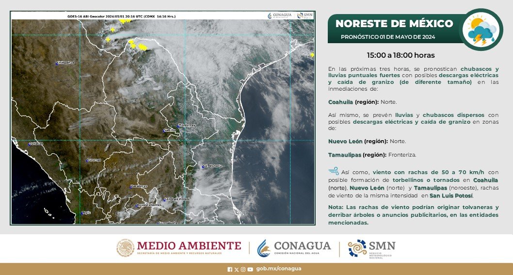 Se pronostican #Chubascos y #Lluvias puntuales fuertes con posibles #DescargasEléctricas y caída de #Granizo en regiones del norte de #Coahuila.🌧️