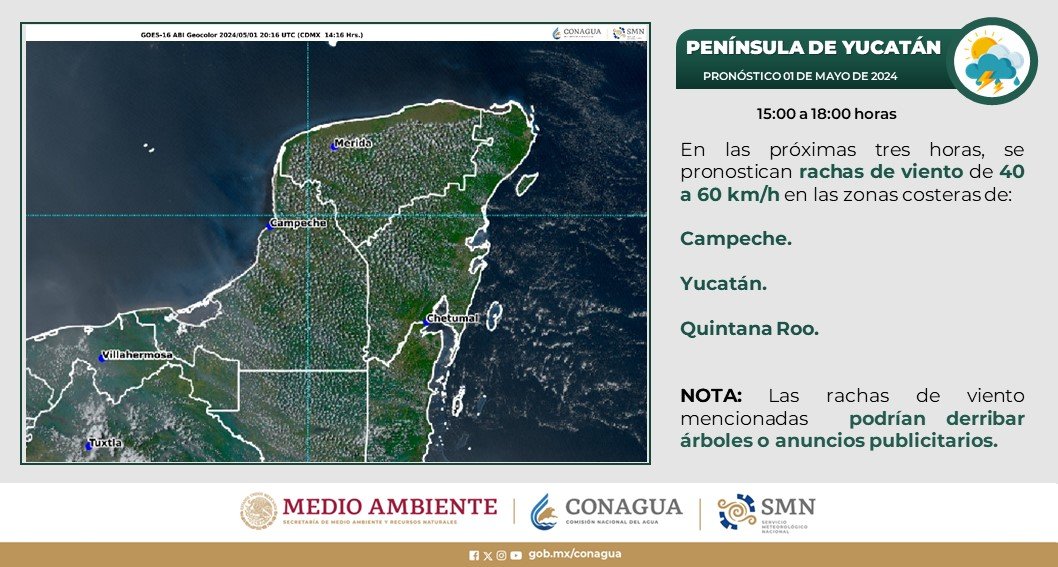 Se pronostican #Rachas de #Viento de 40 a 60 km/h en las zonas costeras de #Campeche, #Yucatán y #QuintanaRoo.💨