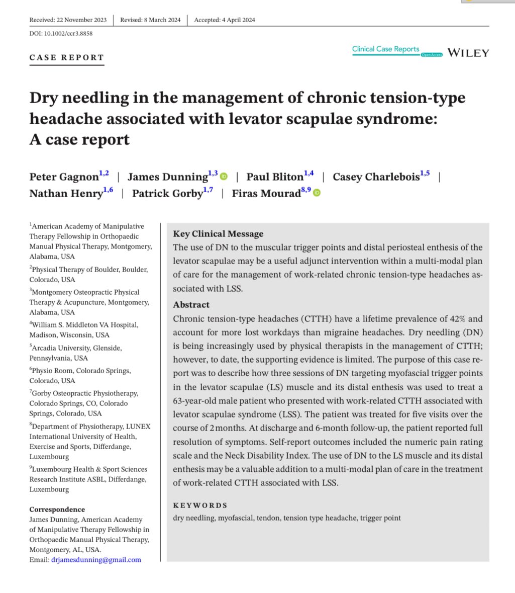 🔓 Open Access. Dry needling in the management of chronic tension-type headache associated with levator scapulae syndrome: a case study pubmed.ncbi.nlm.nih.gov/38689684/ #AAMTFellowship