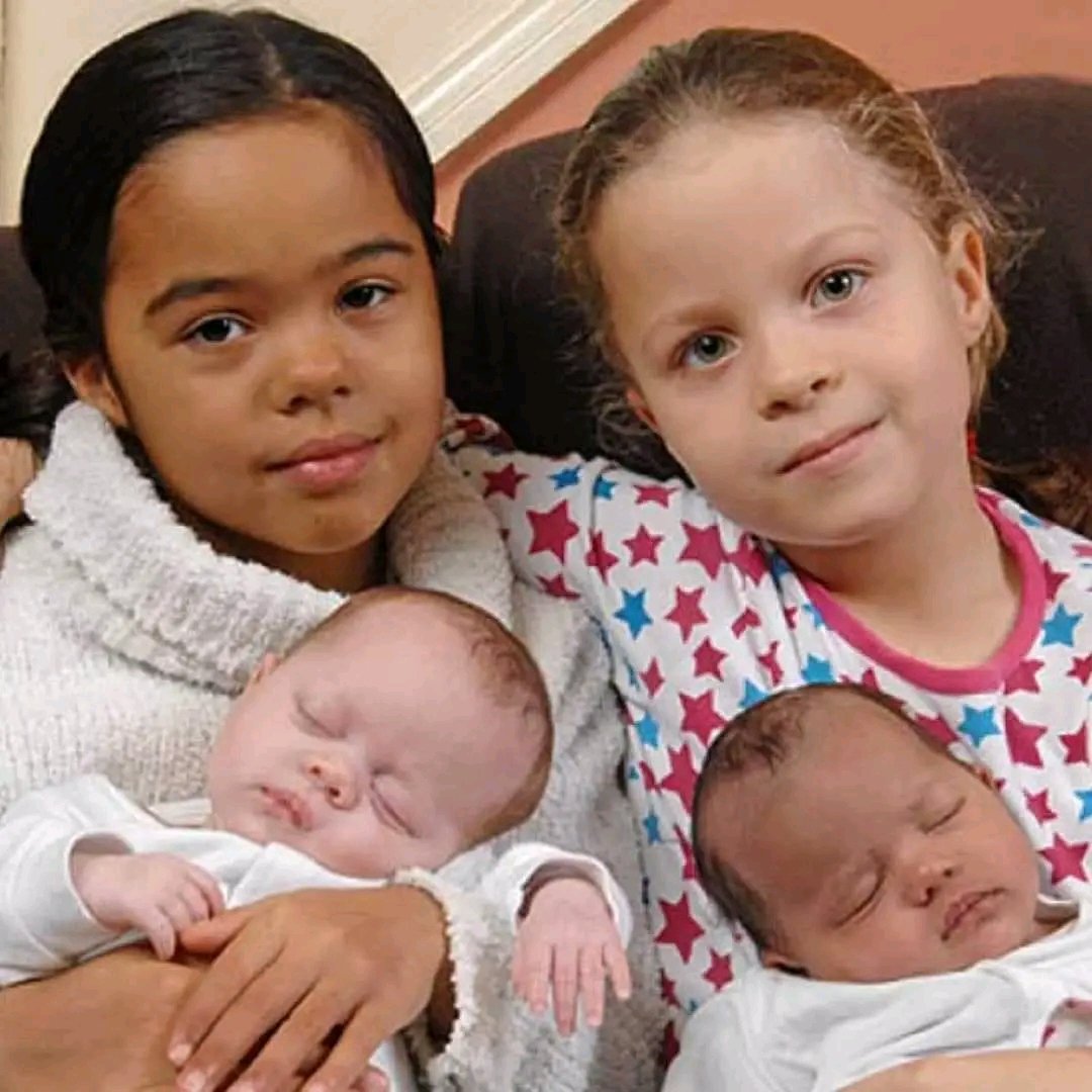 @Morbidful Black & white twins Hayleigh and Lauren Durrant proudly hold their new sisters Leah and Miya — who incredibly are ALSO twins with different colored skin. Their mixed-race parents Dean Durrant and Alison Spooner repeated the two-tone miracle after a seven-year gap. AMAZING!