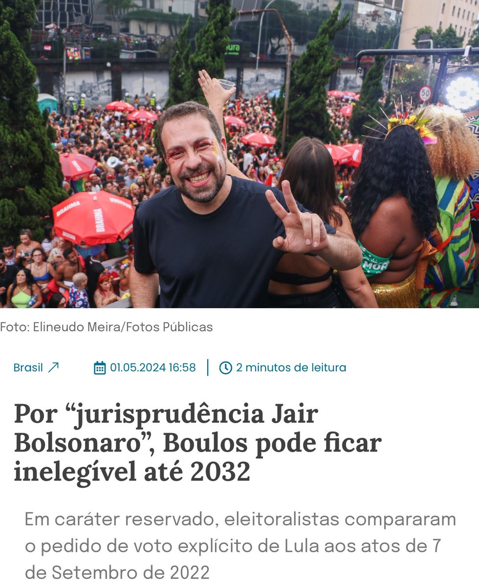 Ou declarem inelegíveis tanto o @GuilhermeBoulos quanto o @LulaOficial, ou revertam a inelegibilidade do Bolsonaro, @TSEjusbr. Caso contrário, ficará extremamente clara a parcialidade da Justiça Eleitoral do Brasil. E se a Justiça Eleitoral não segue suas próprias regras, por que…