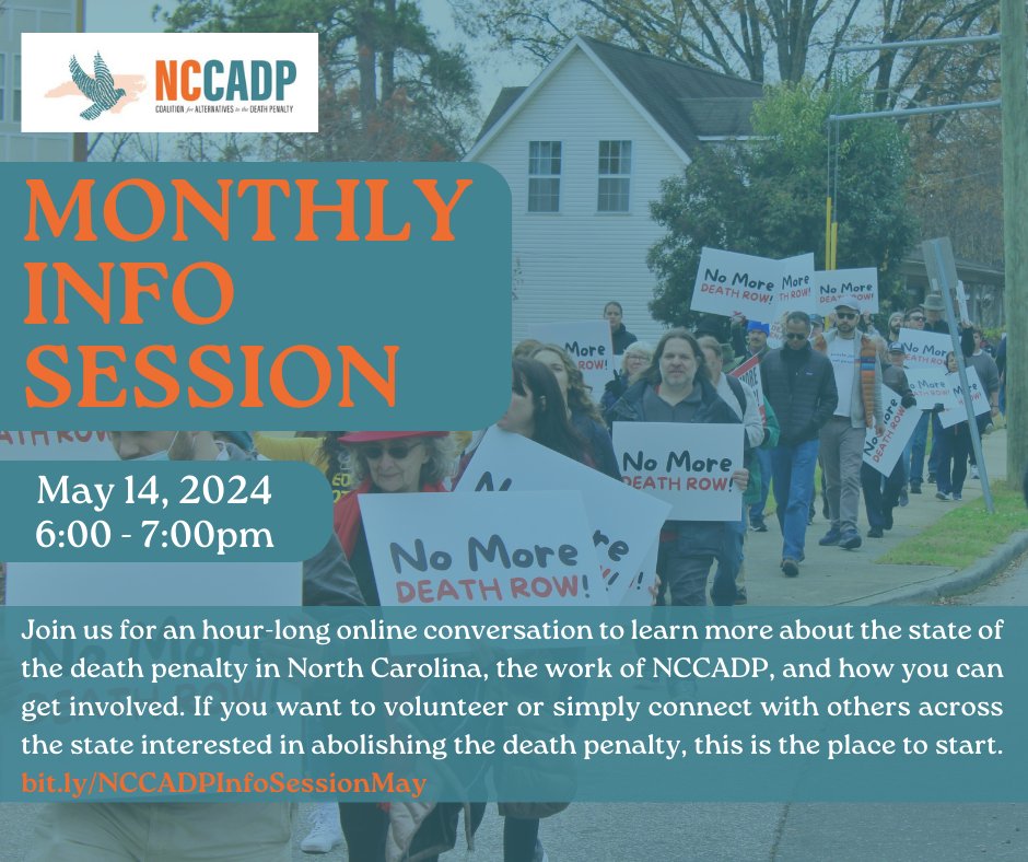 We are now TWO WEEKS AWAY from our next Monthly Info Session for May! We will be discussing our ongoing Postcard Campaign, upcoming Commutation Community Conversation events, and more! Register at bit.ly/NCCADPInfoSess… #NoMoreDeathRow #ncpol #ncgov