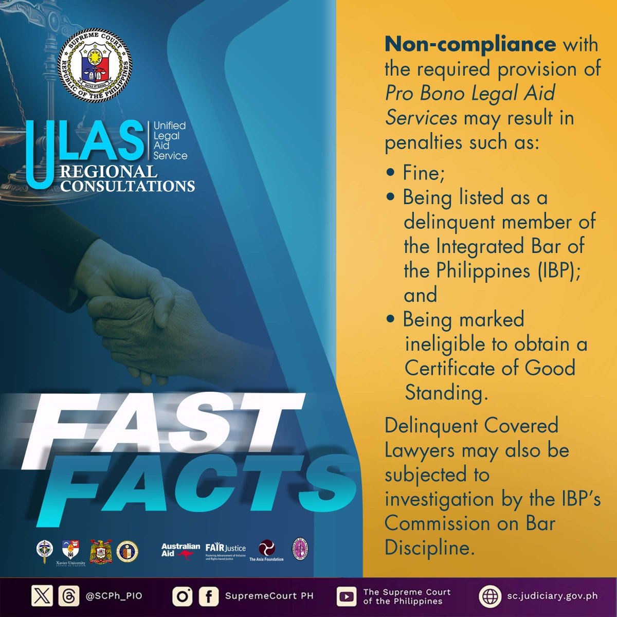 The Supreme Court is inviting private law practitioners to join the NCR leg of the Unified Legal Aid Service (ULAS) Regional Consultations on May 17, 2024 at the Ateneo Law School, Makati City. Pre-register until May 6, 2024 at tinyurl.com/26rkch4y. #ULASRegionalConsultations