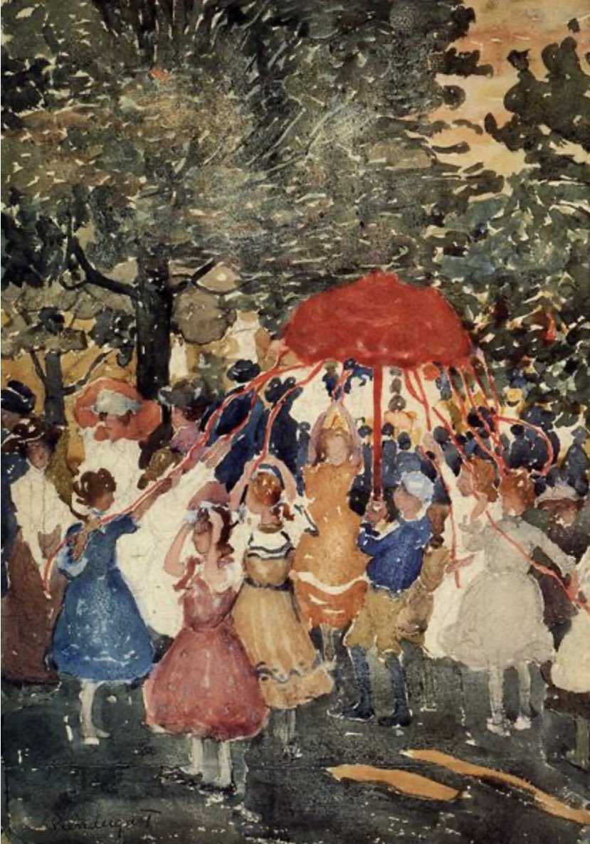 I hope you had a lovely first day of May, either dancing around a maypole, lighting fires for Beltane or simply enjoying some sunshine. Good night to all of you. Maurice Prendergast (1858-1924), American artist Maypole, 1908