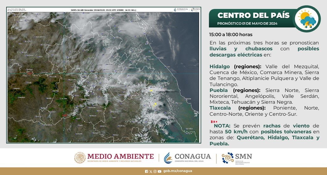 Se esperan #Lluvias y #Chubascos con posibles #DescargasEléctricas en regiones de #Hidalgo, #Puebla, #Tlaxcala, el #EdoMéx y alcaldías de la #CDMX.🌧️