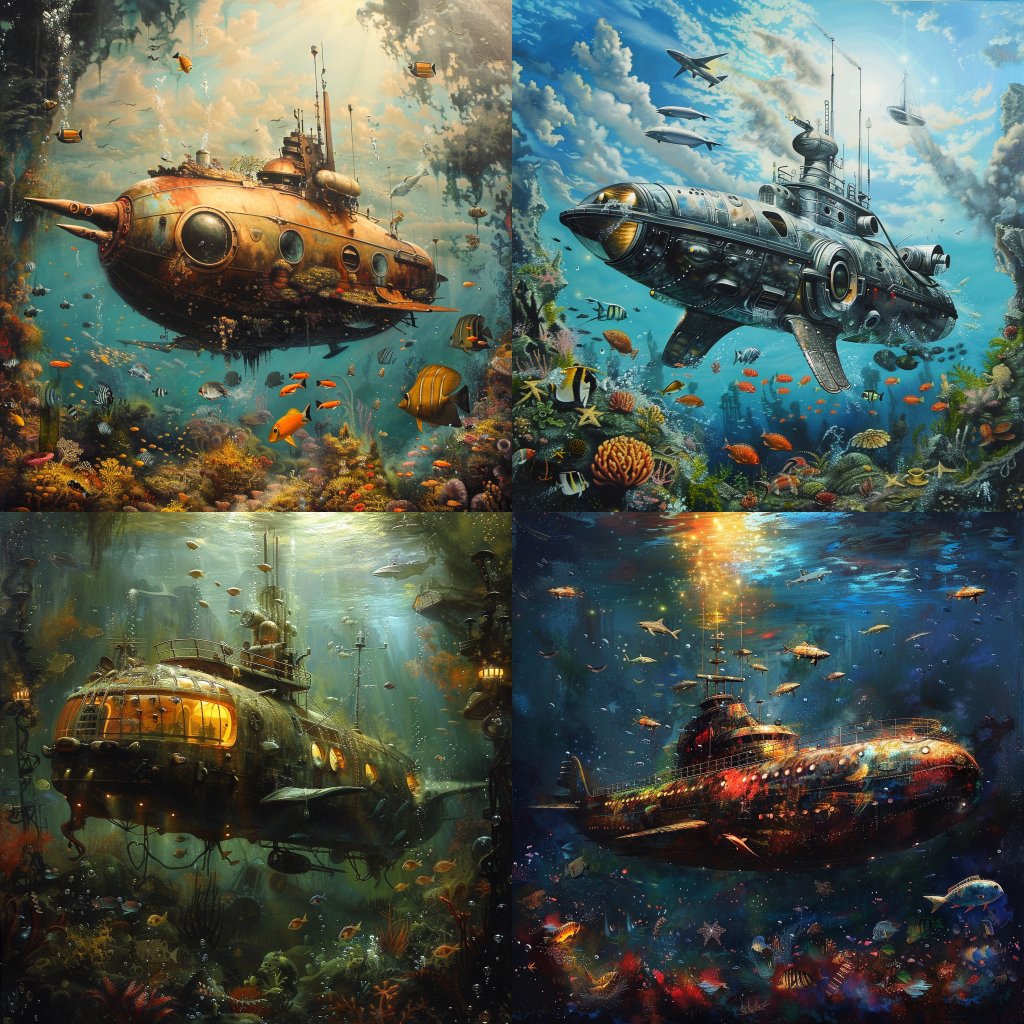 ✅️普通に生成

プロンプト👇️
Surrealistic underwater submarine art,
シュールな水中潜水艦アート、

これをもとに
--sref　スタイルリファレンスで
一貫したスタイルを維持します👇️