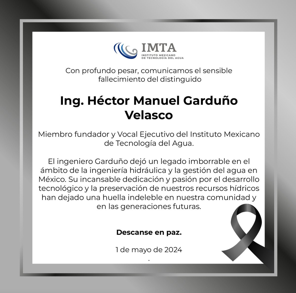 En el Instituto Mexicano de Tecnología del Agua lamentamos profundamente la pérdida del Mtro. Héctor Garduño Velasco, quien participó en el PNH y en la Comisión del Plan Nacional Hidráulico, en la que llegó a ser vocal secretario y vocal ejecutivo en 1986, para fundar el IMTA, el…