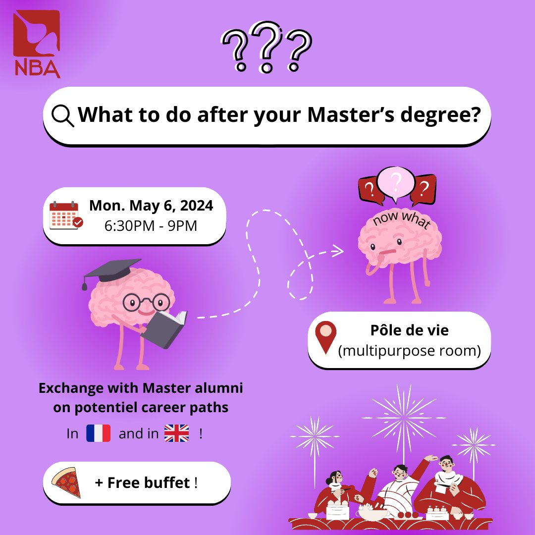 Don't know what to do after your master’s degree in Neuroscience? Don't want to do a PhD? Find out other carreer paths at the Pôle de Vie multipurpose room on May 6th! Exchange with former master students who have gone on to different paths while enjoying a free buffet! Cheers
