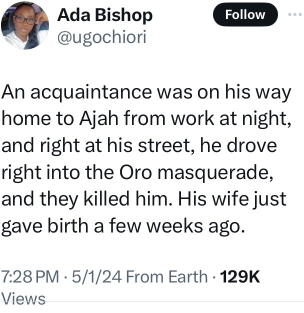 Lady narrates how she lost an acquaintance after he ran into some traditional worshippers in Ajah, Lagos