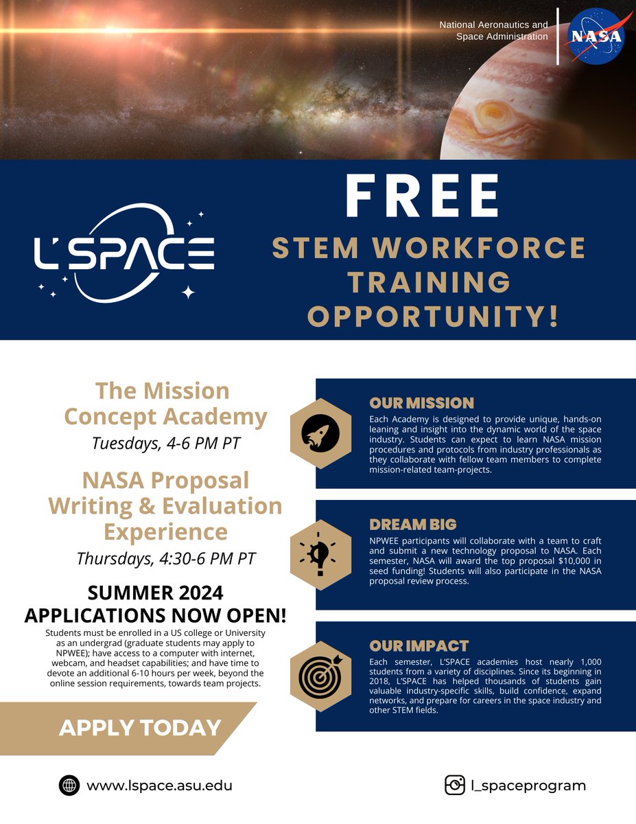 L_SPACEProgram's tweet image. Launch your L'SPACE journey today!
Applications for summer sessions close Sunday, May 5th.
For more information and to apply, visit lspace.asu.edu.
#stem #stemeducation #stemforall #workforcedevelopment
