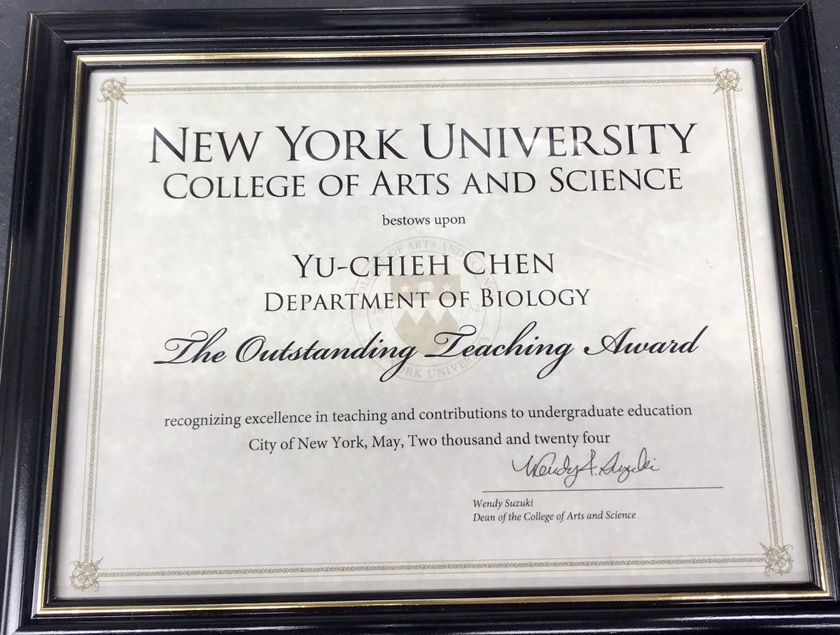 So grateful to be awarded the 2024 NYU College of Arts and Science Outstanding Teaching Award! Big thanks to all the students for their nominations. Their valuable feedbacks definitely improve my future teaching. This framed certificate is a fantastic bonus! #TeachingExcellence