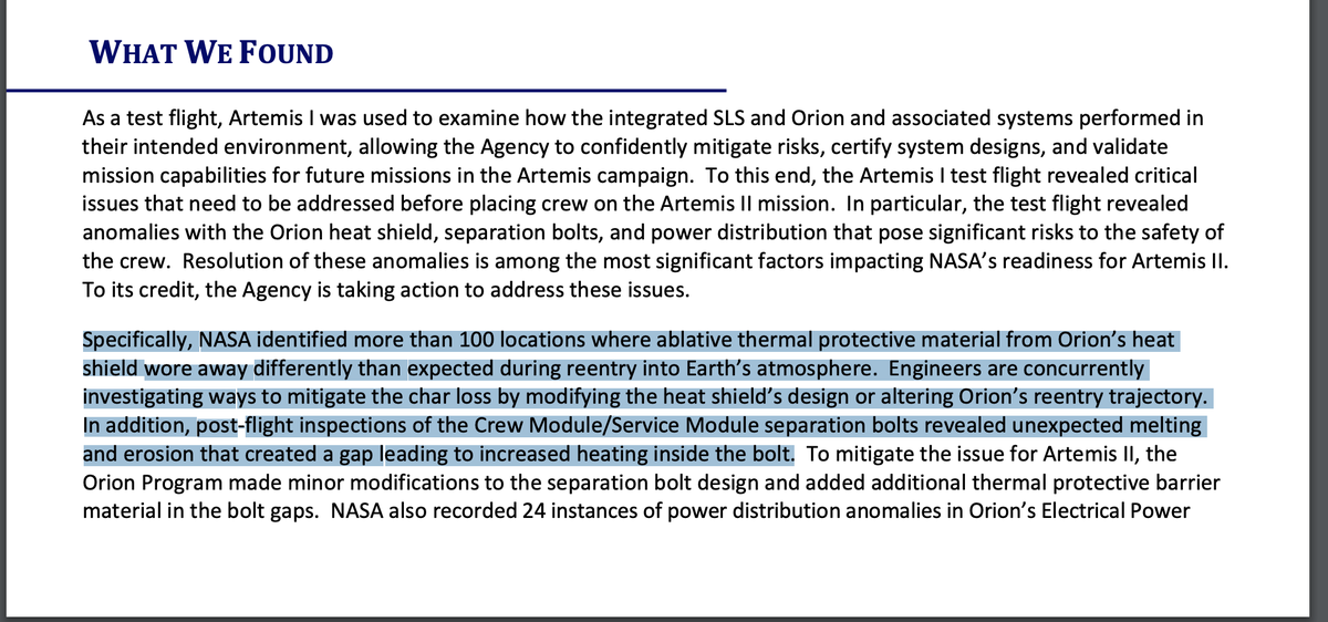 'The test flight revealed anomalies with the Orion heat shield, separation bolts, and power distribution that pose significant risks to the safety of the crew.'