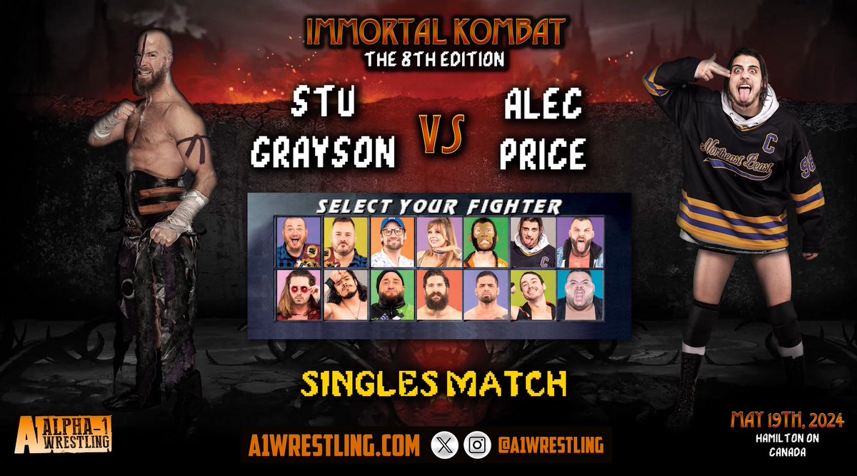 🔥 HUGE MATCH 🔥 @stu_dos returns to A1 to take on @ThePrizeCityOG in a MASSIVE Singles Match! May 19th • Immortal Kombat Hamilton, ON 🇨🇦 The BIGGEST show of the year so far! A1Wrestling.com for ticket & event info!