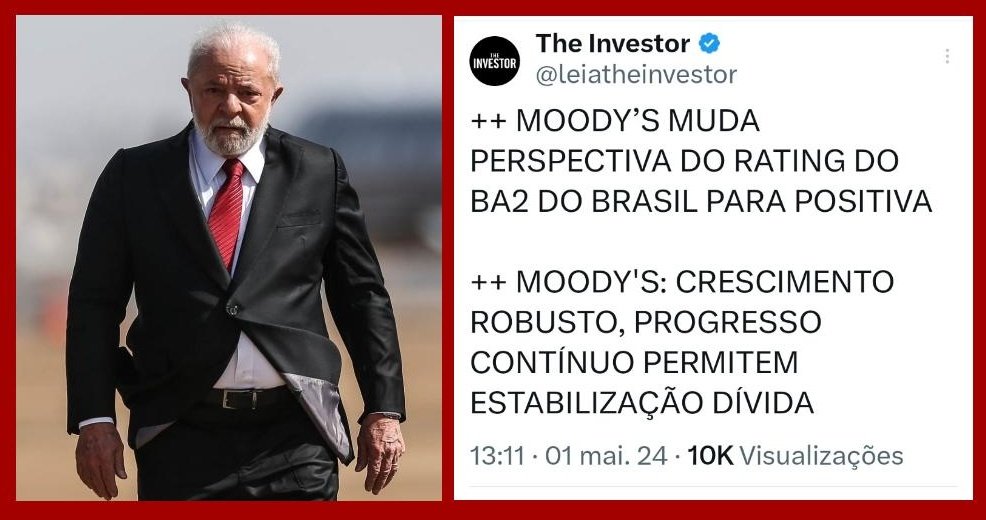A agência de classificação de risco Moody's destaca o 'crescimento robusto' e muda a perspectiva do 'rating' do Brasil 🇧🇷 para POSITIVA!

Lula é SORTUDO mesmo! Toda vez que ele governa, a economia melhora!
#EfeitoLula 🍀
. 
#LulaMelhorParaTodos 
#LulaBrasilDeSucesdo