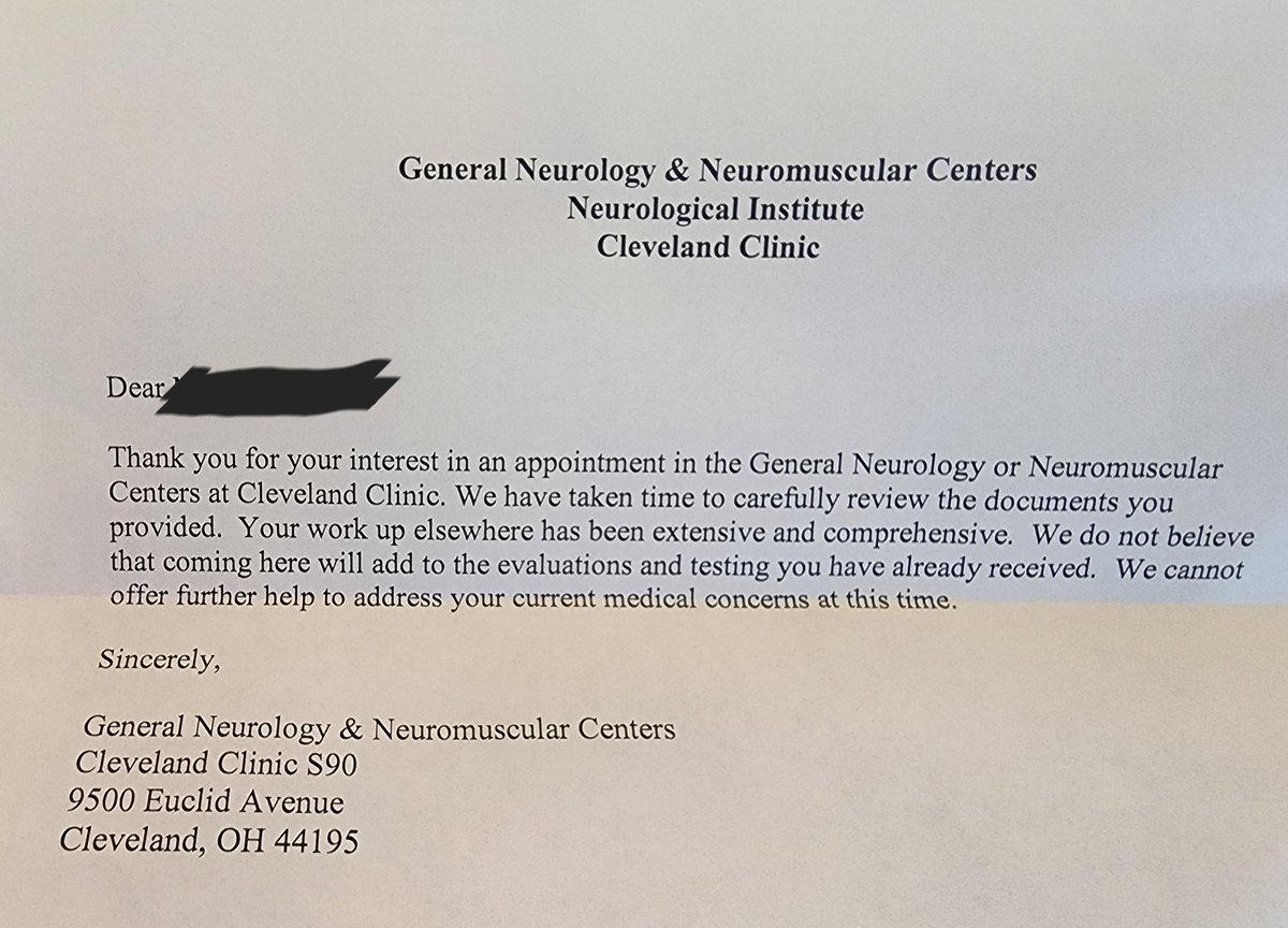 @ClevelandClinic I'm utterly confused. I am not seeking further testing. I am seeking treatment and management of my very rare and serious Autoimmune Autonomic and Small Fiber Neuropathy. The Neurologists at UPMC and AHN referred me to CC because they can't treat or manage me.