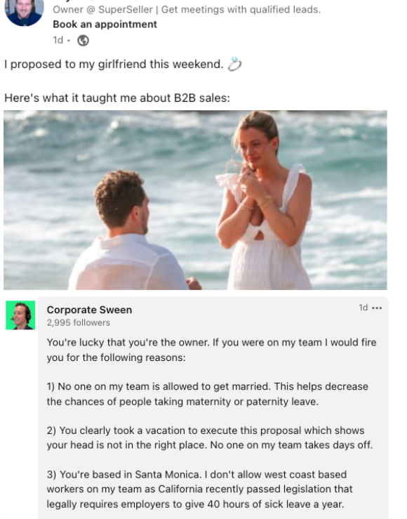 The best part of that viral Linkedin 'here's what proposing to my GF taught me about B2B sales' post is the top reply.