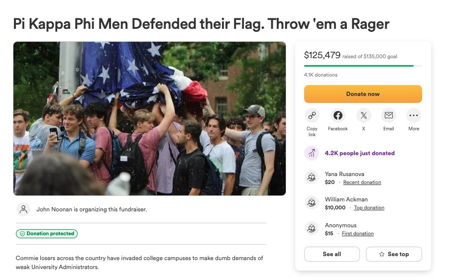 Bill Ackman giving $10K to the GoFundMe to throw the flag-defending frat bros a rager is a baller move. gofundme.com/f/pi-kappa-phi…