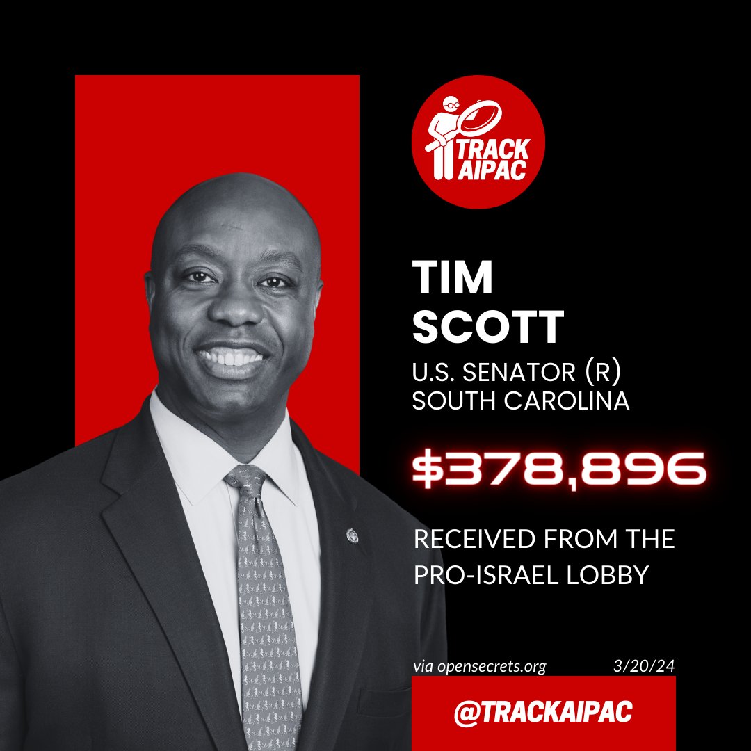 @SenatorTimScott Tim Scott is paid to push the Israel lobby's preferred legislation. He has received >$378,000 from AIPAC and their allies, now their anti-free speech legislation is on the fast track to become law. Our government is being hijacked by a foreign entity. #RejectAIPAC