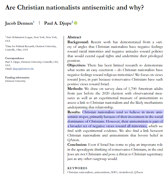 Weird to see outspoken Christian nationalists throwing around the term 'antisemitic' at others. Guess it's time to tap the sign. Studies looking at this issue find Christian nationalists are MORE likely to believe antisemeitic tropes. (We link CN to antisemitism in our book too.)